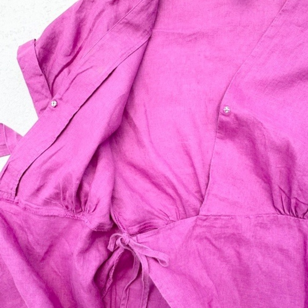 Mango Magenta Purple 100% Linen Wrap Midi Dress Size S V-Neck Side Tie - Picture 6 of 11